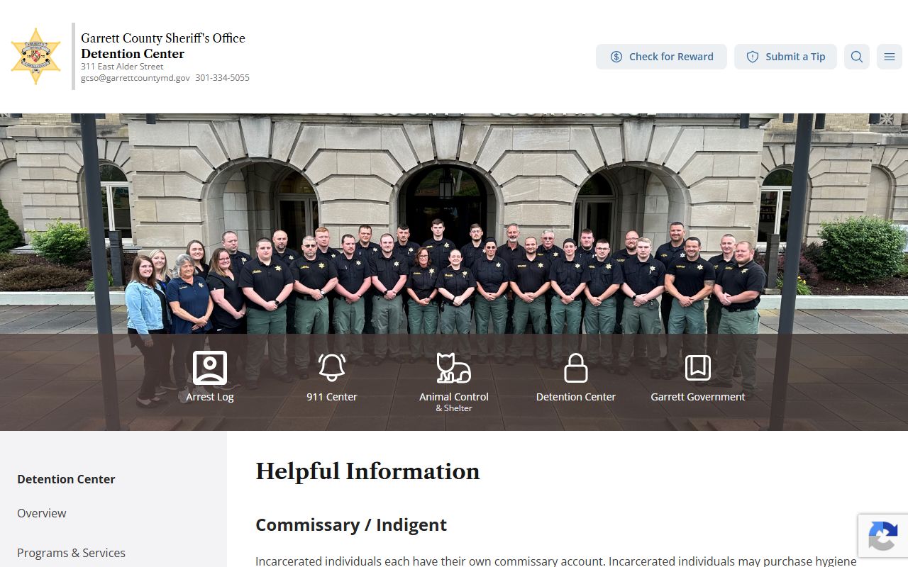 Garrett County Detention Center visitation and mail information for inmates