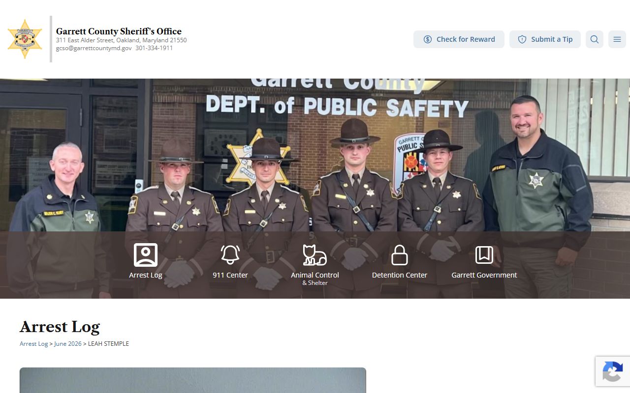 Garrett County jail mugshot arrest log sample record