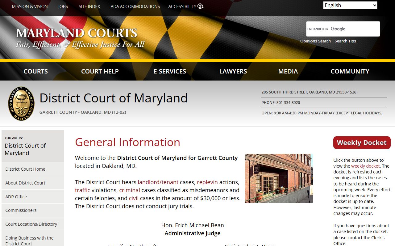 Garrett County court records after arrest District Court contact page