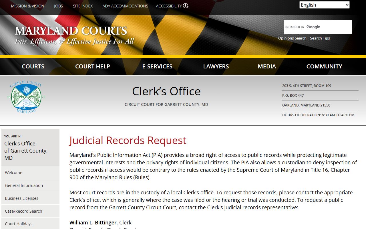 Garrett County court records after arrest judicial records request page